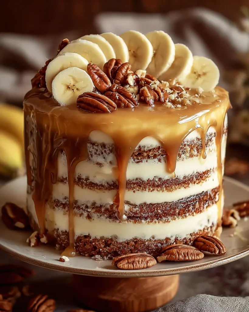Luscious banana walnut layer cake with cream frosting and walnuts on top