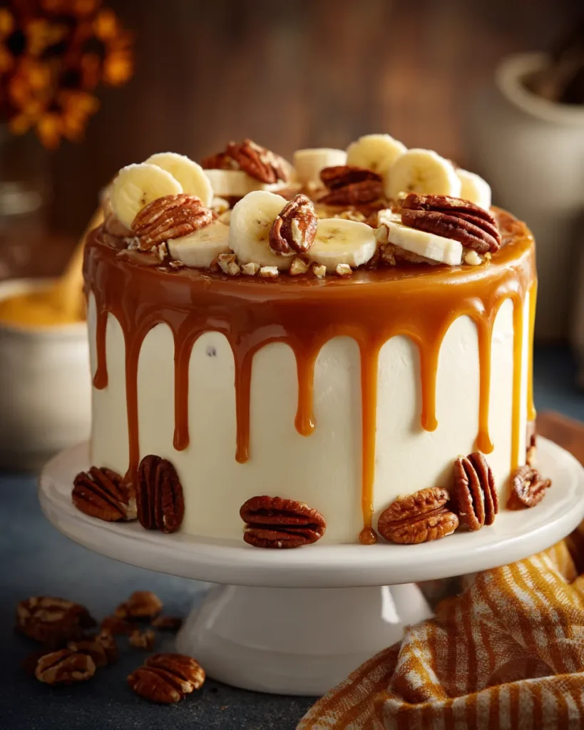 Luscious banana walnut layer cake topped with cream and walnuts.