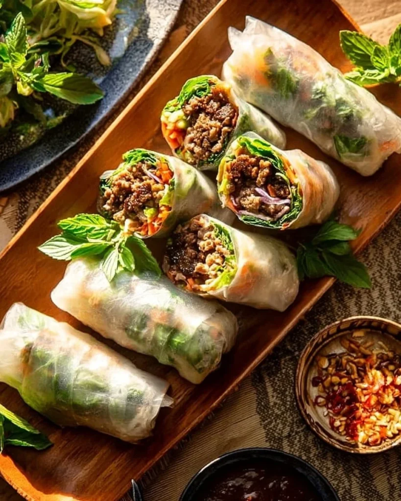 Delicious Thai Basil Beef Rolls served on a plate, ready to enjoy.