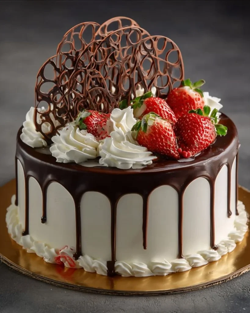 Three-layer chocolate cake with white cream ganache and fresh strawberries on top