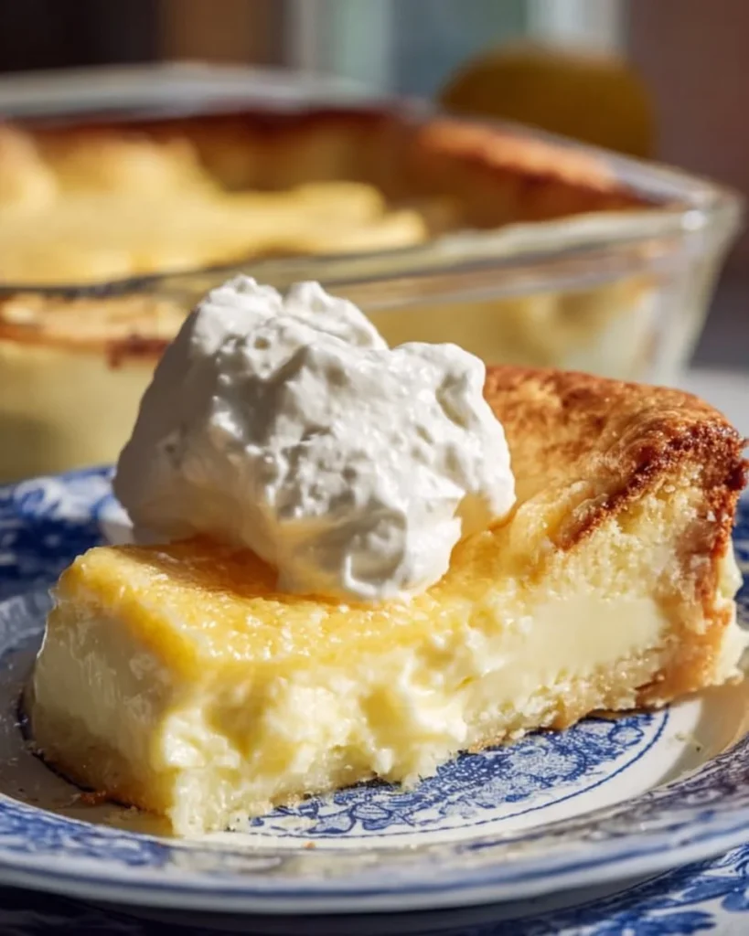 Delicious lemon cream cheese dump cake topped with whipped cream.