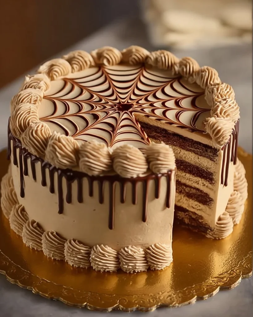 Four-layer chocolate cake with coffee filling and cream frosting