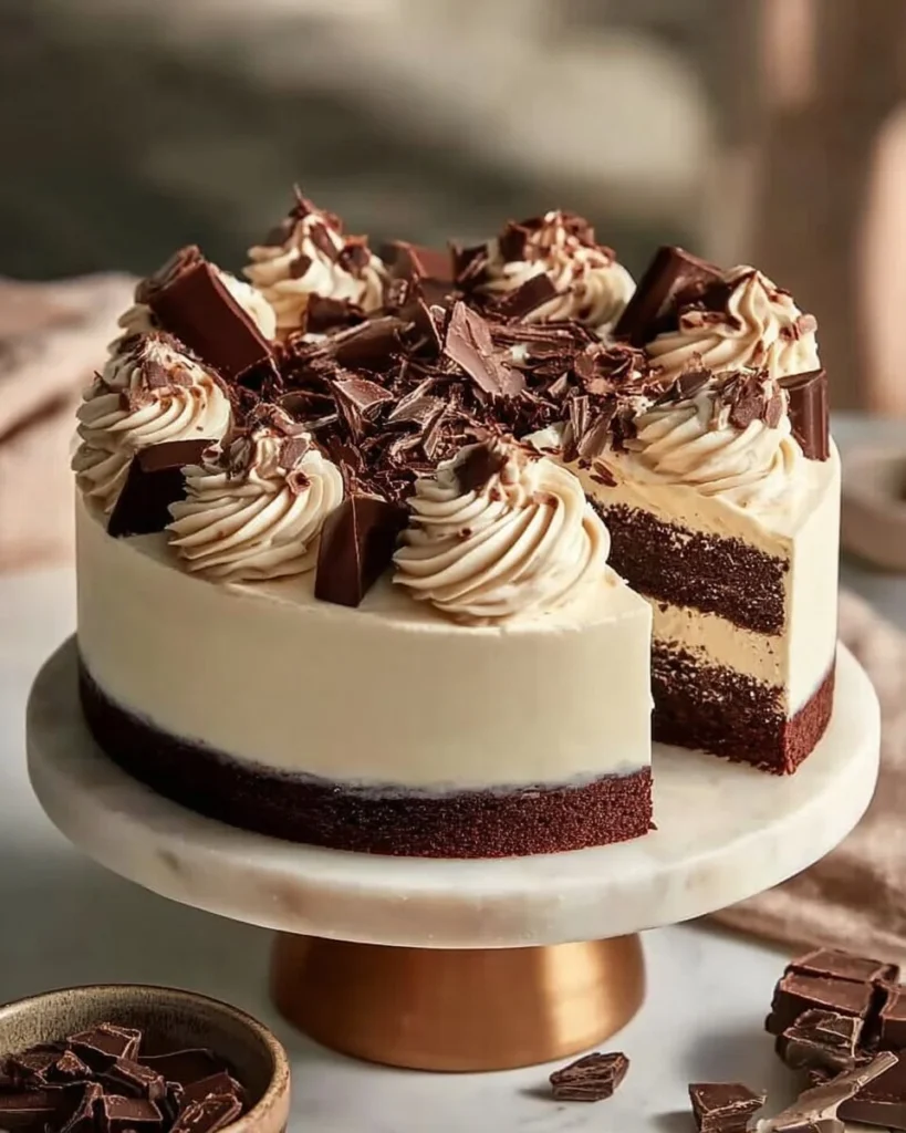 A delicious chocolate vanilla cake layered with cream frosting and chocolate drizzle
