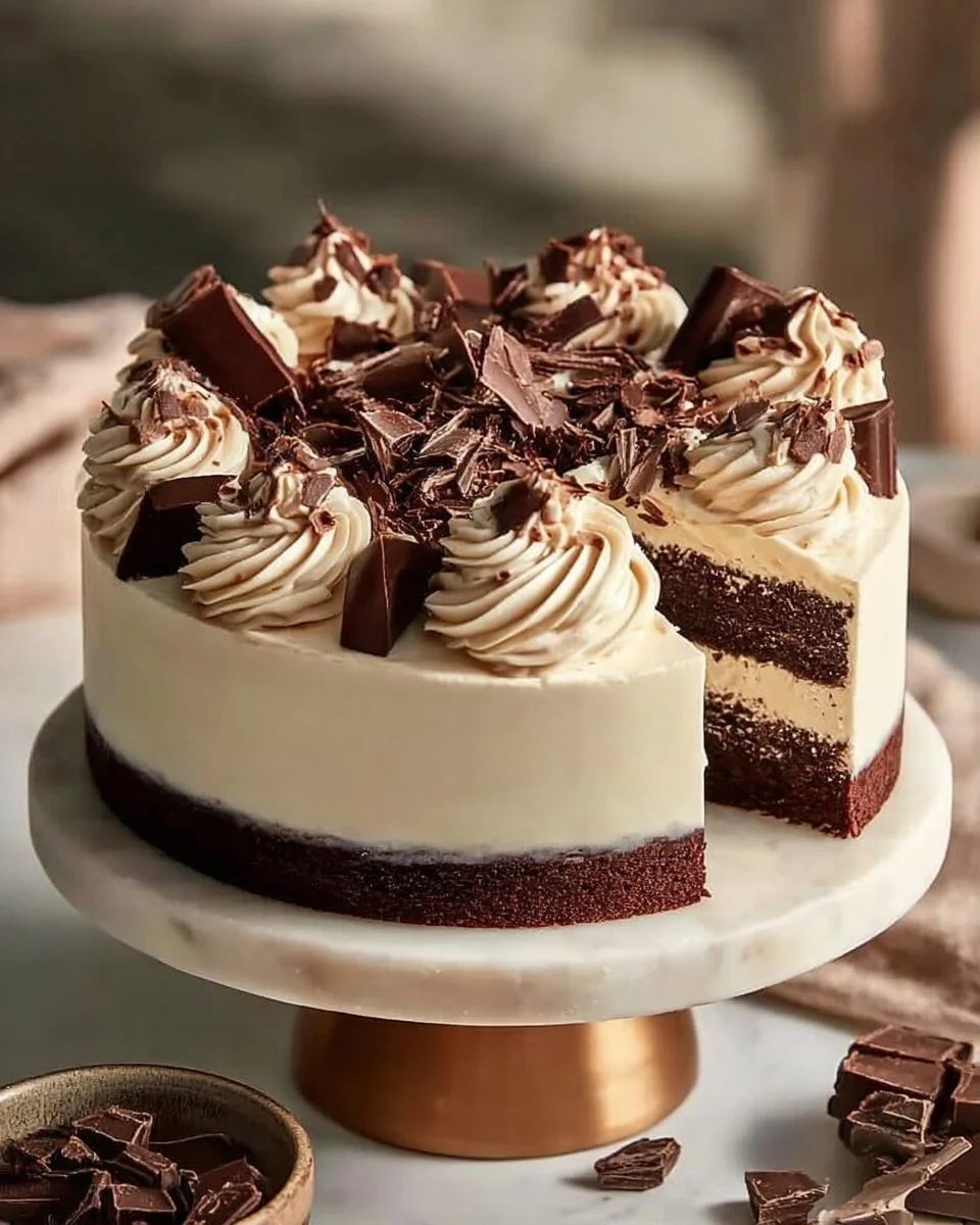 A delicious chocolate vanilla cake layered with cream frosting and chocolate drizzle
