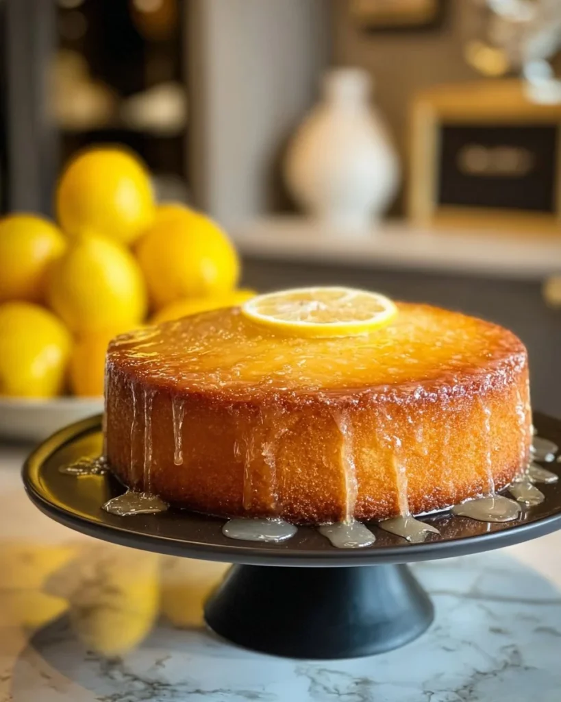 Delicious lemon cake with icing on a decorative plate