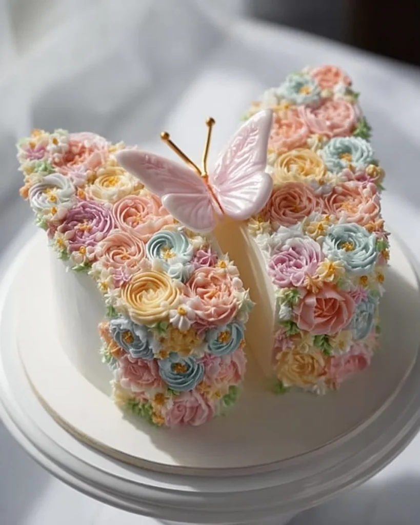 A beautifully decorated simple butterfly cake with colorful frosting and edible flowers.
