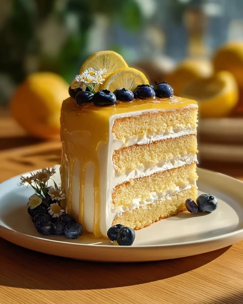 A beautifully decorated zesty lemon cake topped with fresh lemon slices and frosting
