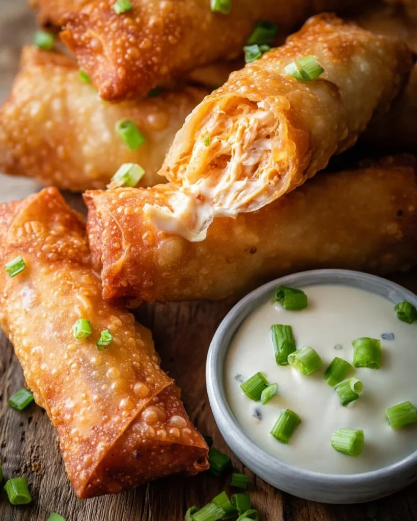Delicious air fryer buffalo chicken egg rolls served with dipping sauce