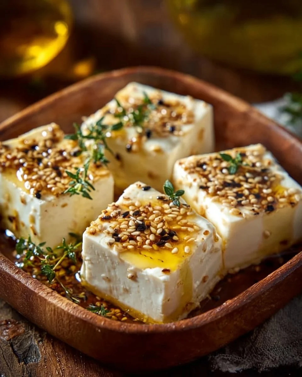 Albanian baked feta topped with honey and sesame seeds served in a dish