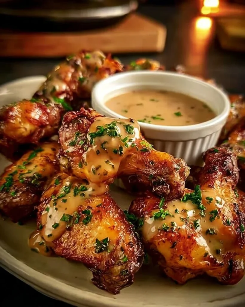 Delicious Alfredo Chicken Wings drizzled with creamy sauce