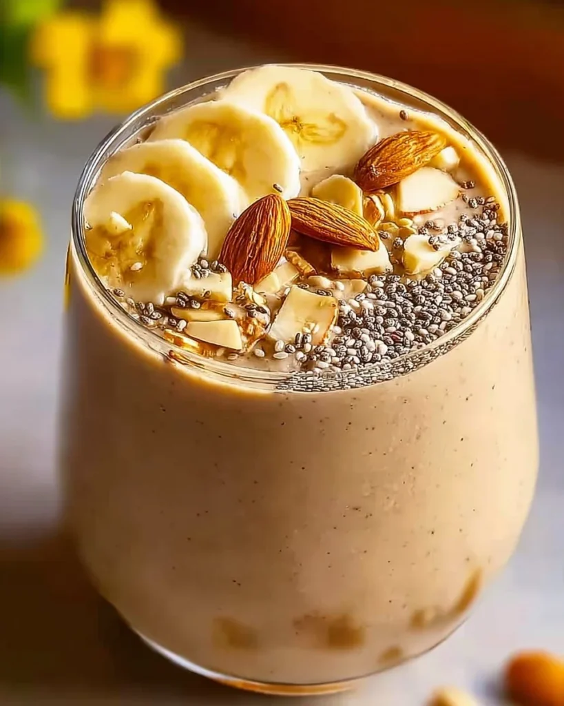 Almond Banana Avocado Smoothie topped with honey in a glass