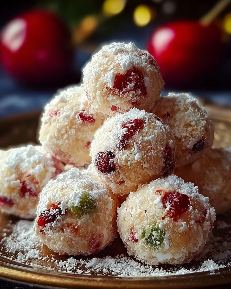 Plate of Almond Cherry Snowballs with powdered sugar topping