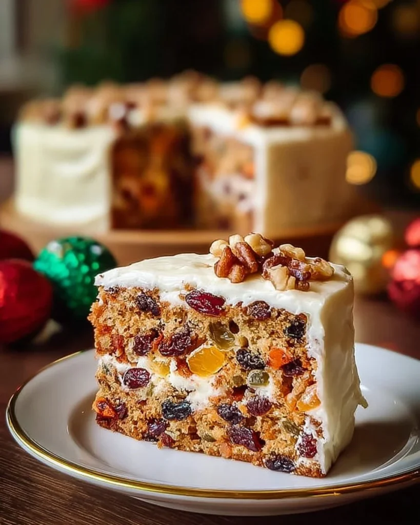 Ancient German fruit cake with dried fruits and nuts served on a festive table.