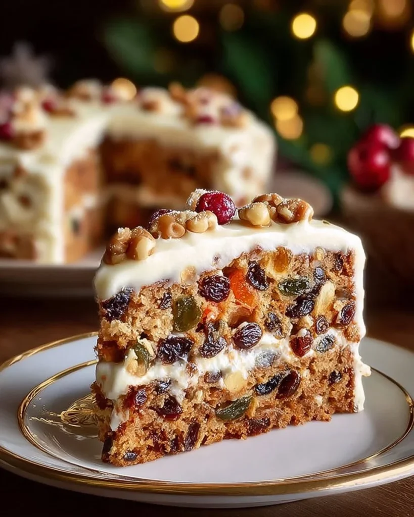 A delicious slice of ancient German Fruit Cake adorned with fruits and nuts