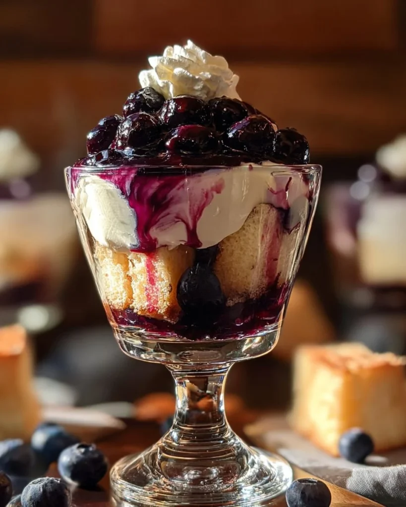 Angel Food Cake Trifle featuring cheesecake topping and blueberry sauce