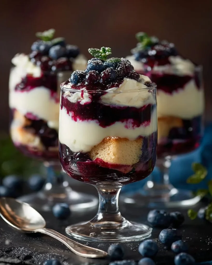 Delicious Angel Food Cake Trifles topped with cheesecake and blueberry sauce