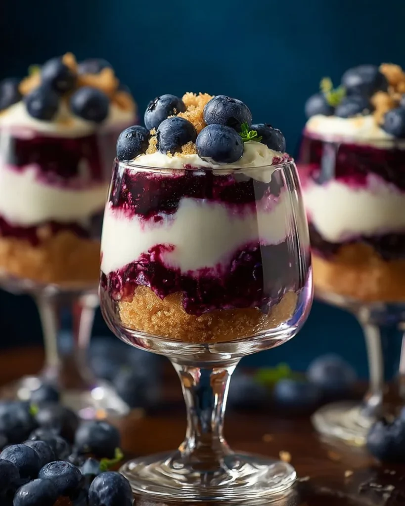Angel food cake trifles with cheesecake topping and blueberry sauce.
