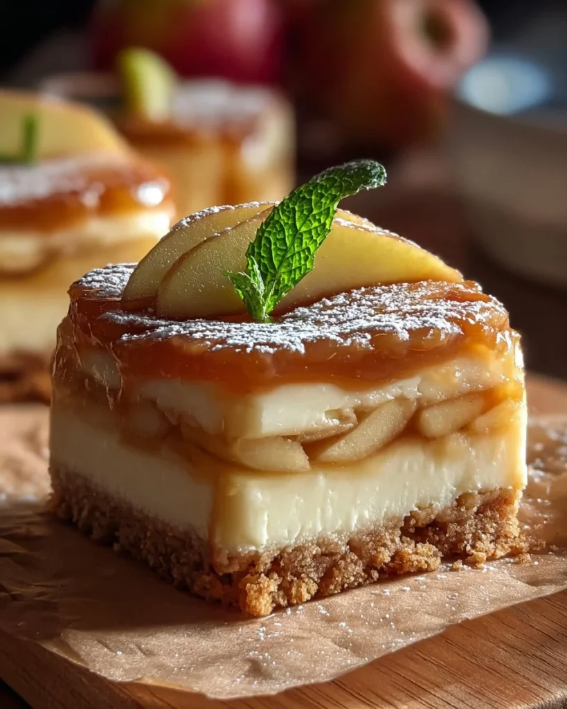 Delicious apple cheesecake bars topped with fresh apples and a creamy layer