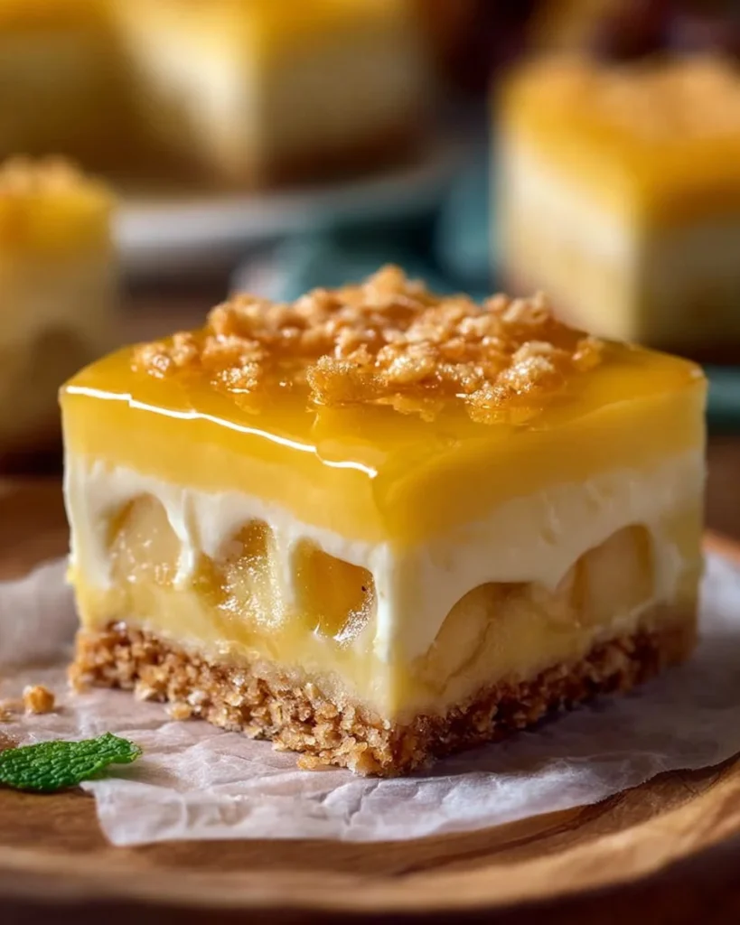 Delicious apple cheesecake bars topped with caramel and served on a plate