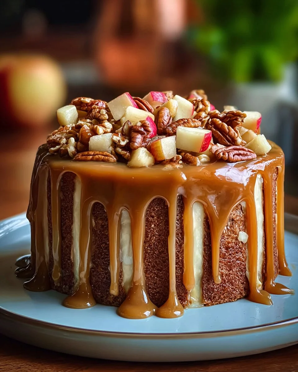 Apple Cinnamon Walnut Cake topped with caramel drizzle on a wooden table