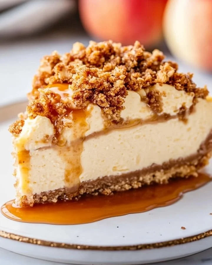 Delicious Apple Crisp Cheesecake topped with oats and fresh apple slices