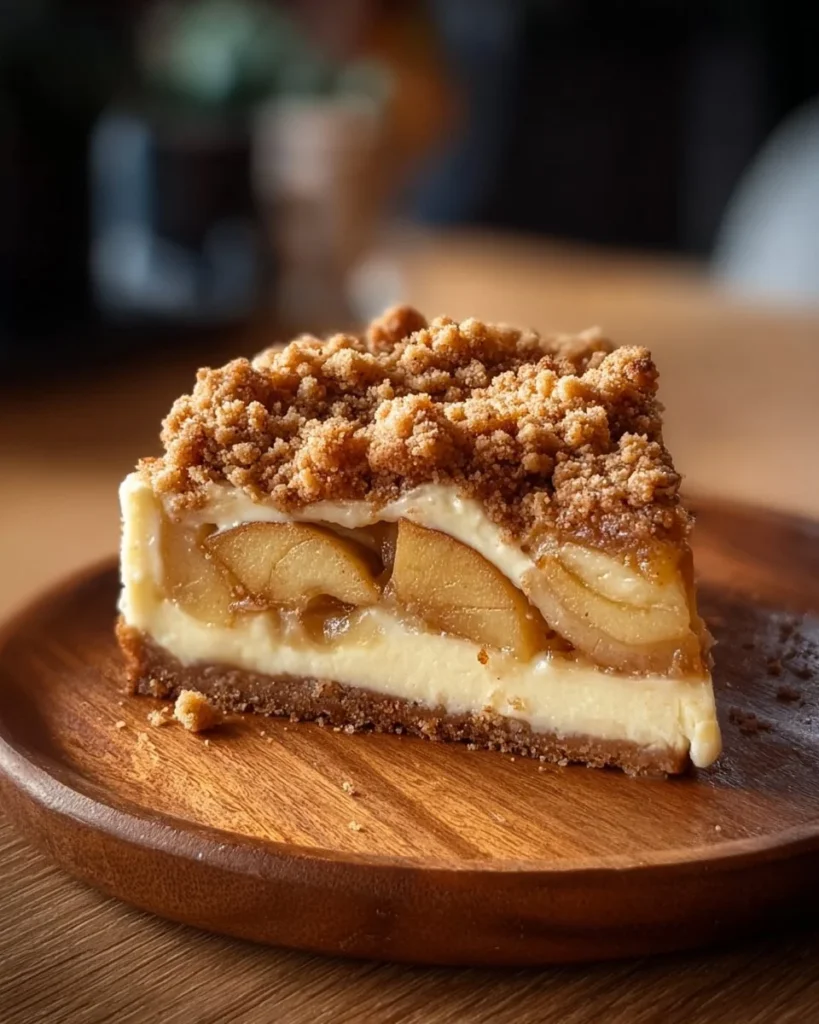 Delicious Apple Crumble Cheesecake topped with creamy filling and crunchy topping