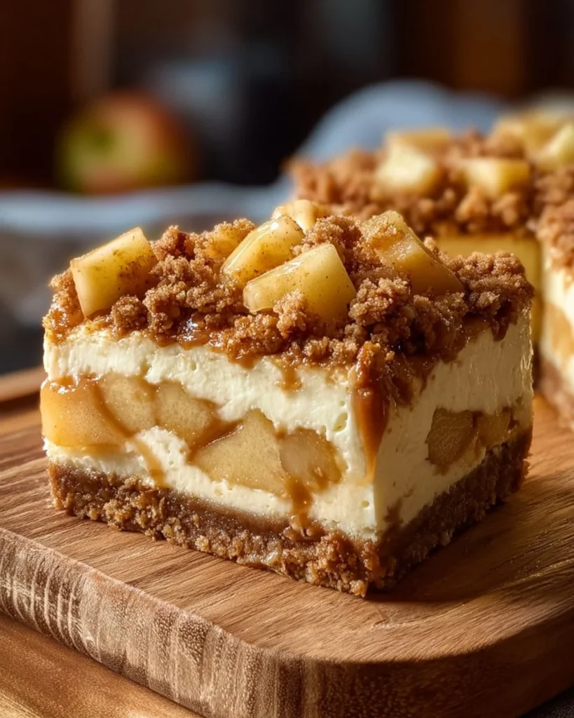 Slice of apple crumble cheesecake with crumble topping on a white plate