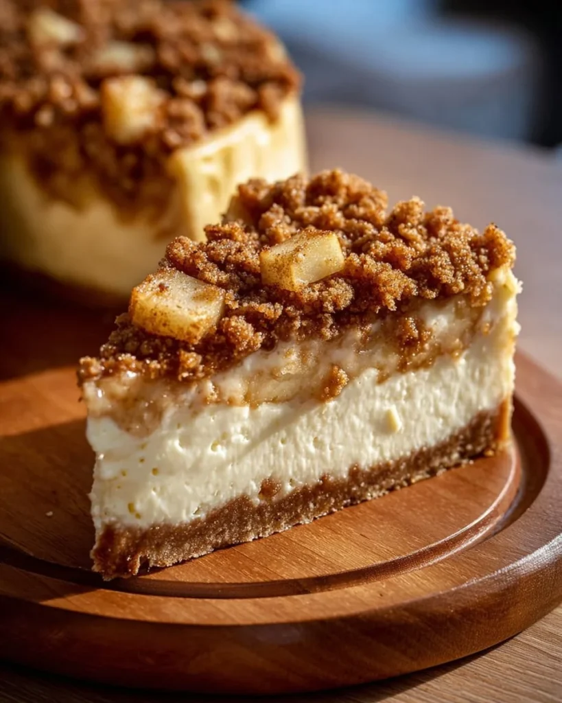 Delicious apple crumble cheesecake topped with crumbs and apple slices