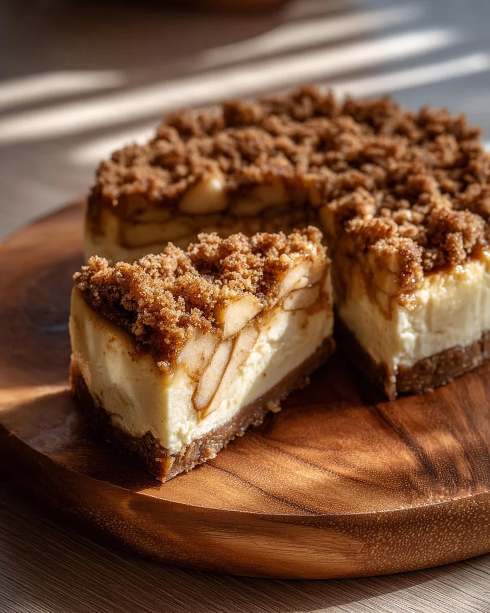 Delicious Apple Crumble Cheesecake with an apple topping and crumble
