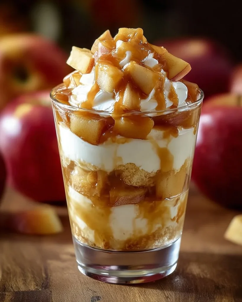 Layers of Apple Pie Cheesecake Trifles topped with spiced apples and whipped cream
