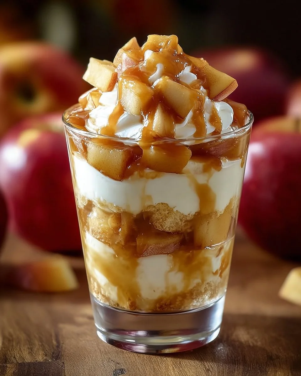 Layers of Apple Pie Cheesecake Trifles topped with spiced apples and whipped cream