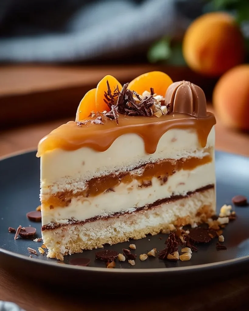 Delicious Apricot and Caramelized White Chocolate Mousse Cake slice