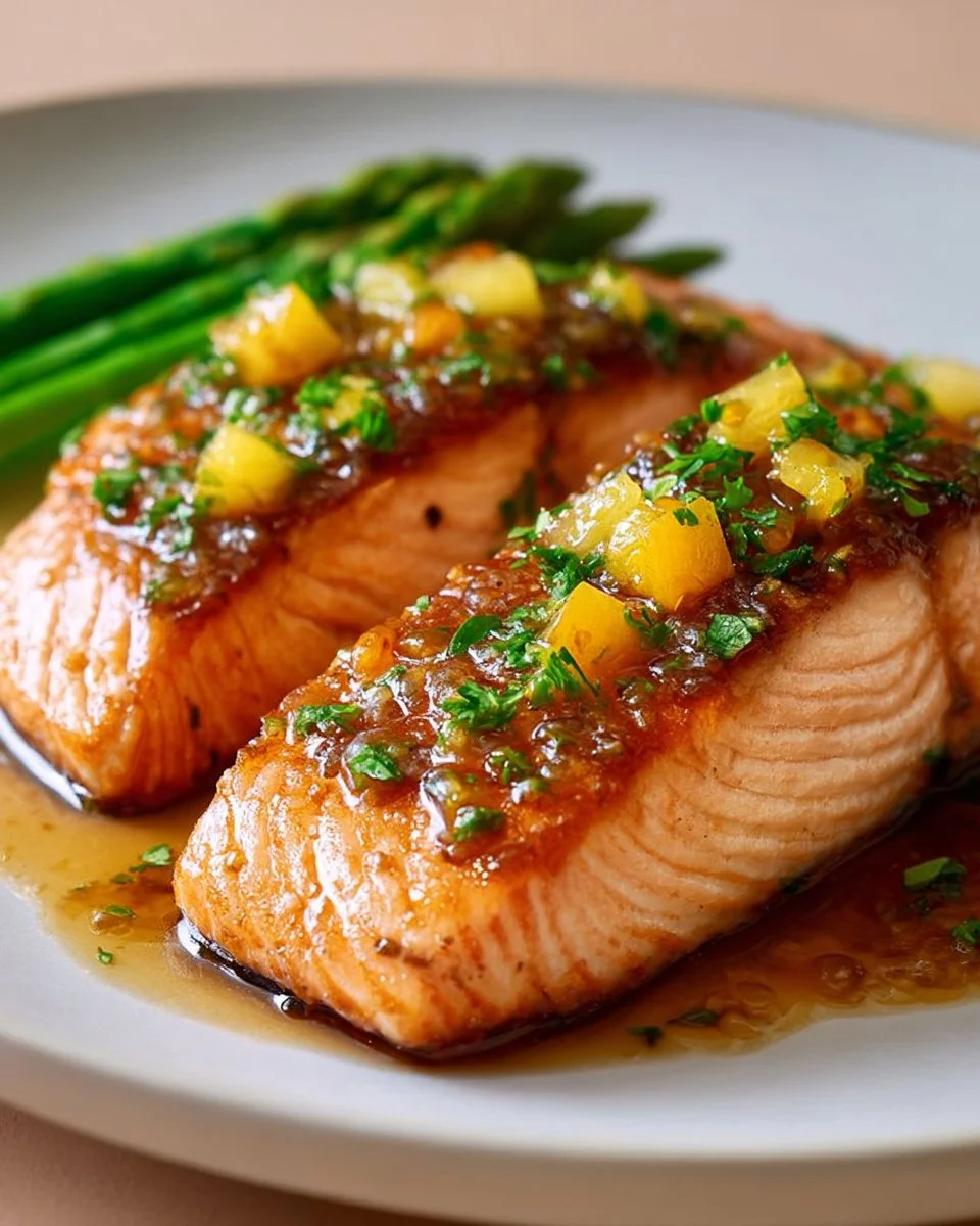 Apricot Dijon Glazed Salmon served on a plate with garnishes