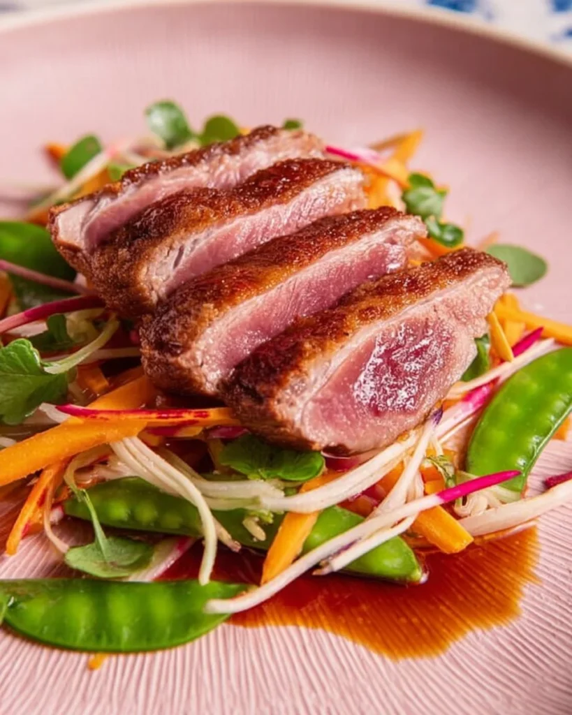 Succulent Asian duck breast served with aromatic spices and herbs.