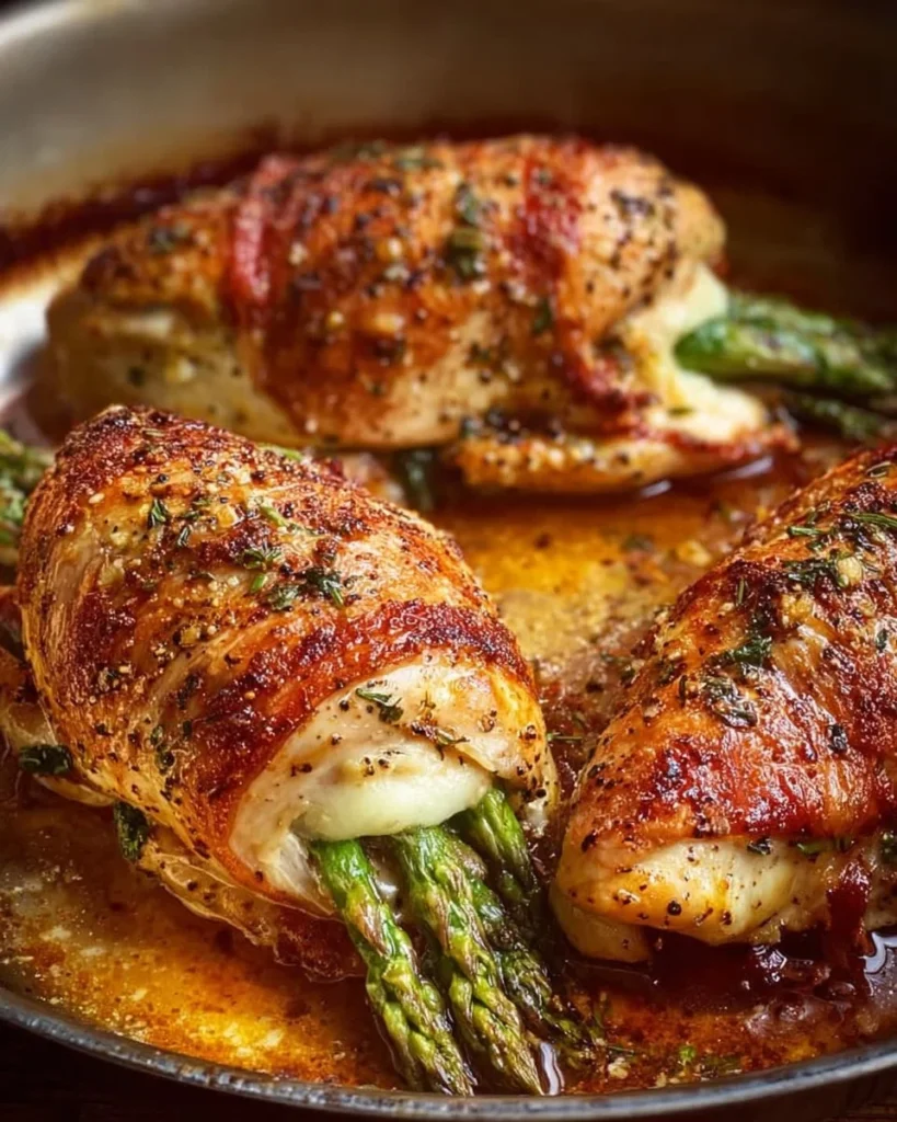 Delicious asparagus stuffed chicken breast plated with herbs