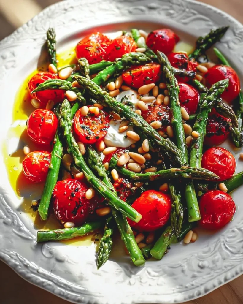 Fresh asparagus tomato salad with burrata cheese and pine nuts in a bowl