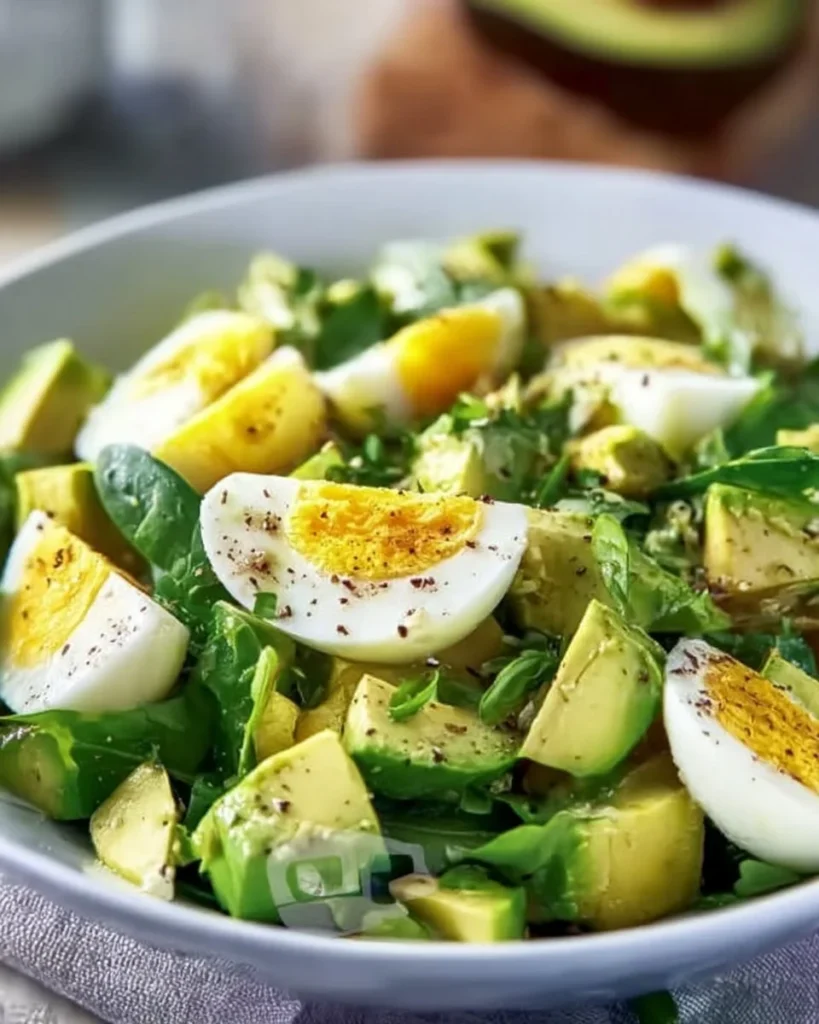 Avocado and spinach egg salad served in a bowl, garnished with herbs.