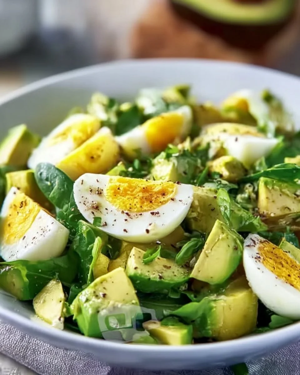 Avocado and spinach egg salad served in a bowl, garnished with herbs.
