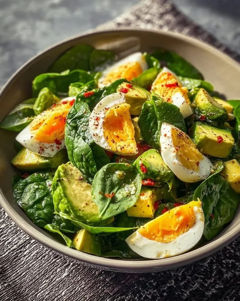 Healthy avocado and spinach egg salad served in a bowl
