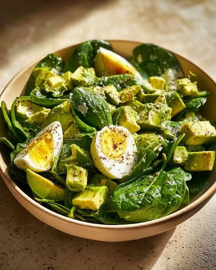 Avocado and spinach egg salad in a bowl, garnished with herbs.