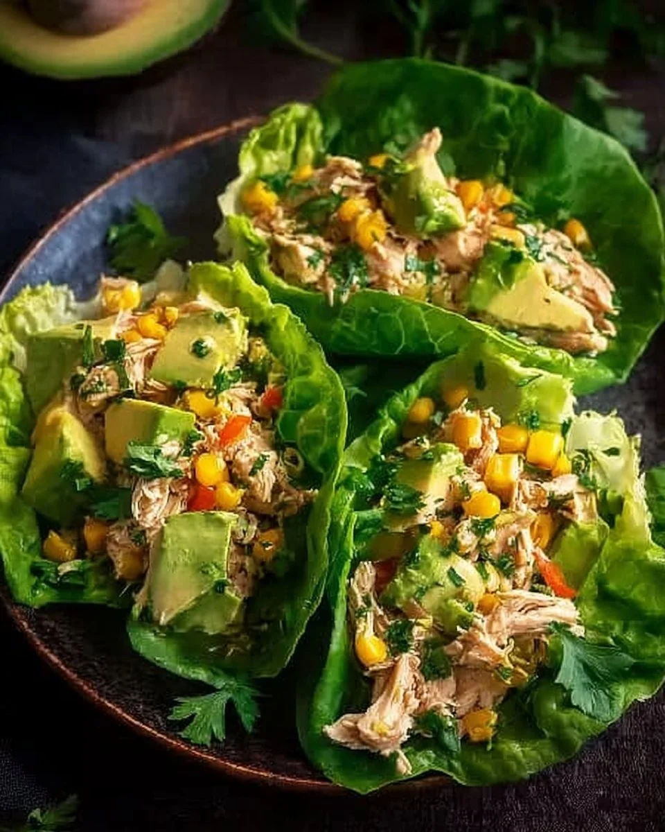 Avocado chicken salad lettuce wraps served on a plate with fresh ingredients.