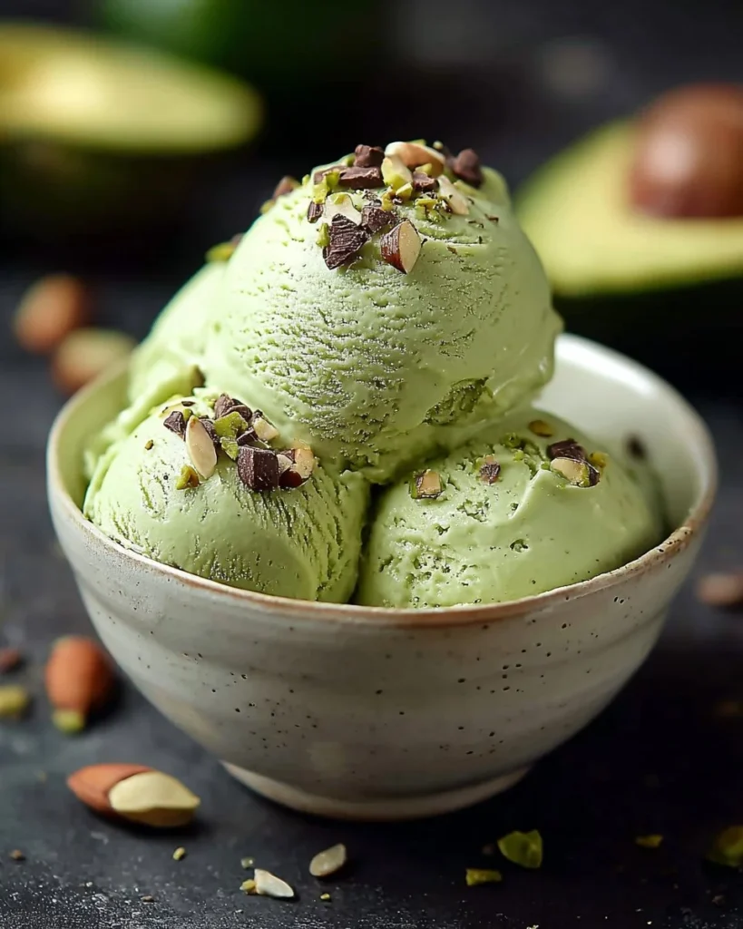 Homemade avocado ice cream served in a bowl with fresh avocado slices