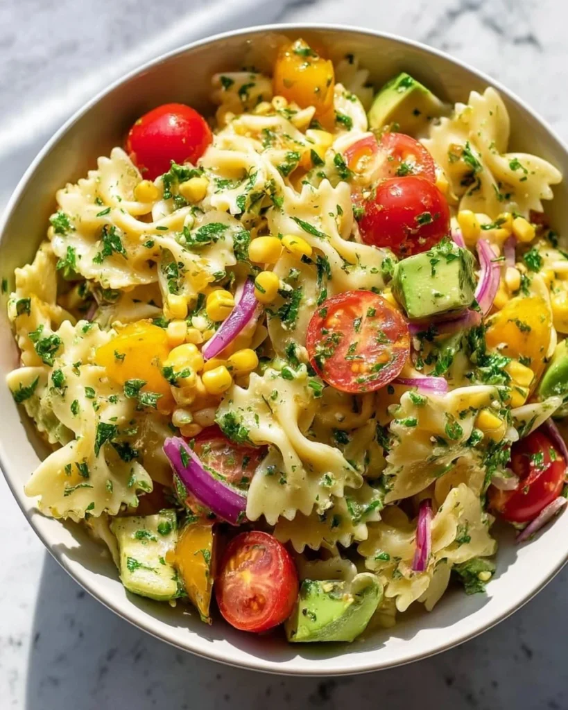 Delicious avocado pasta salad with cherry tomatoes and arugula