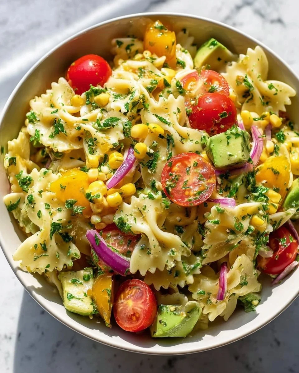 Delicious avocado pasta salad with cherry tomatoes and arugula