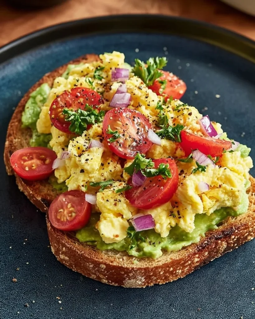 Avocado toast with scrambled eggs, cherry tomatoes, and red onion