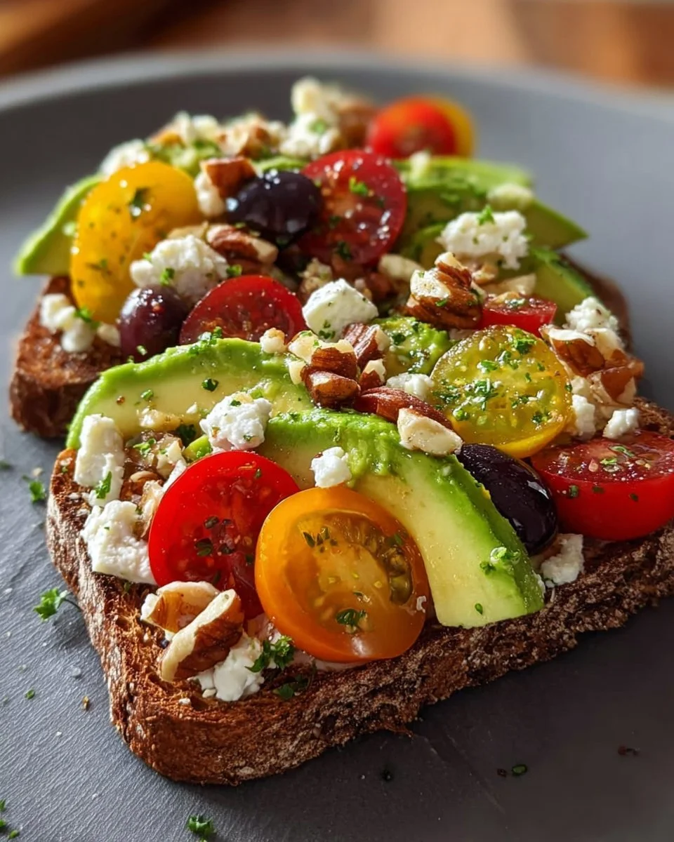 Delicious avocado toast topped with creamy feta cheese, perfect for breakfast.