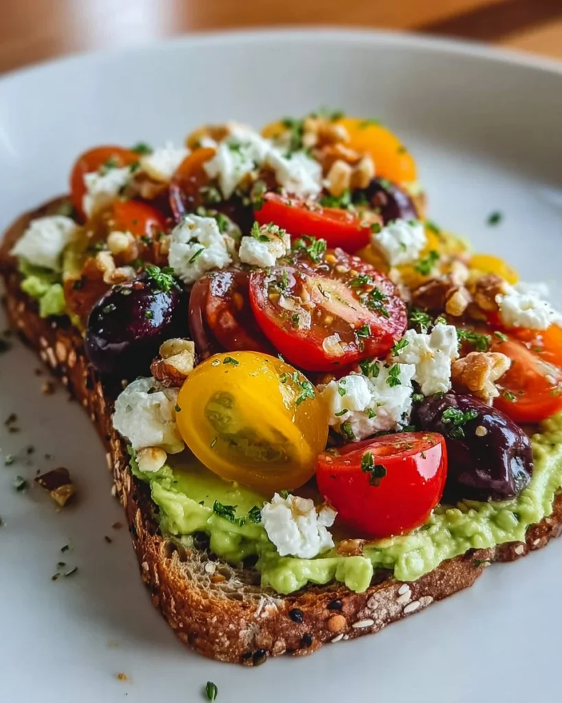 Delicious avocado toast topped with creamy feta cheese