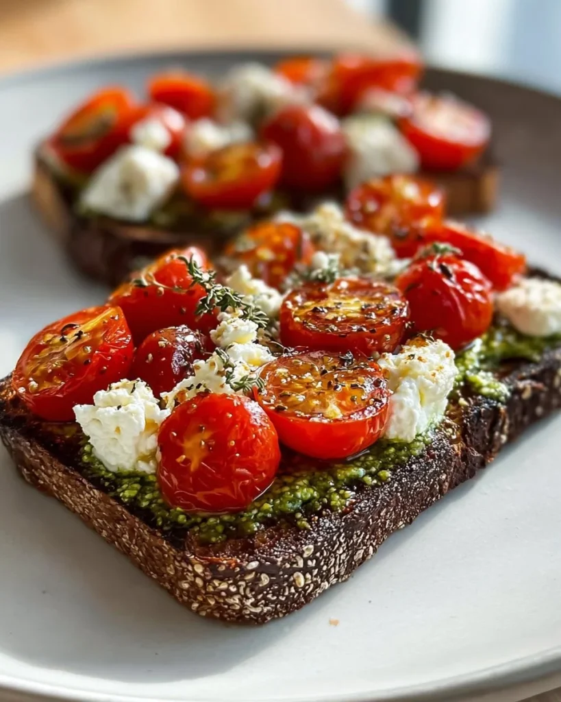 Avocado toast topped with tomatoes and feta cheese, a delicious healthy meal