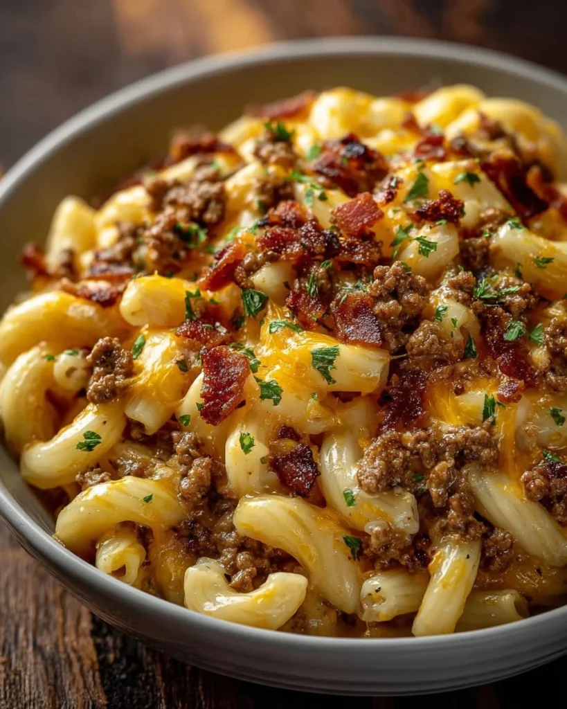 Delicious Bacon Cheeseburger Pasta Bake with melted cheese and crispy bacon