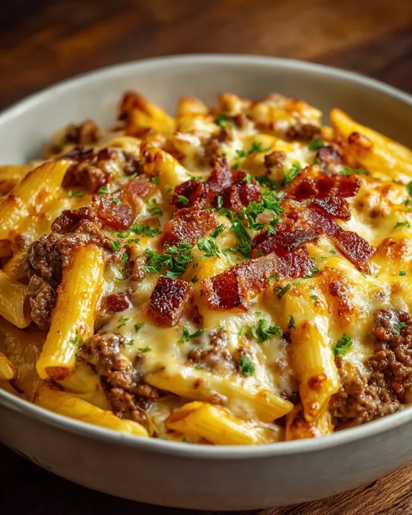 Bacon Cheeseburger Pasta Bake served in a dish with melted cheese on top